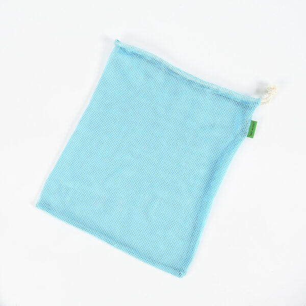 Custom eco friendly reusable blue cotton mesh drawstring bag