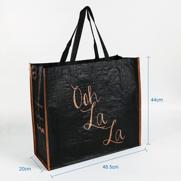 Wholesale eco friendly dark colors black pp woven large shopping tote bag with gold logo - Image 3