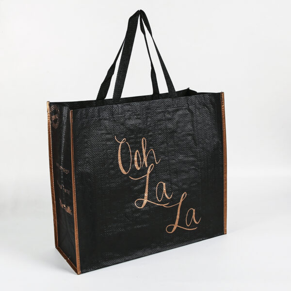 Wholesale eco friendly dark colors black pp woven large shopping tote bag with gold logo